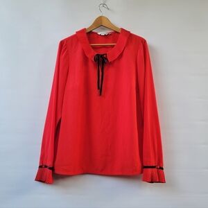 Boden Red Frieda Pleated Peter Pan Collar Velvet Neck Tie Bow Blouse Size 12